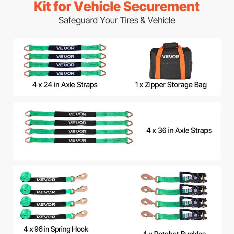 VEVOR riteņu fiksatora nostiprināšanas komplekts, ass tipa piekabes nostiprināšanas siksnas, transportlīdzekļu nostiprināšanas sistēma ar atsperu āķiem, darba slodze 1512 kg, pārrāvuma izturība 4540 kg, paredzēta ATV, UTV un piekabēm