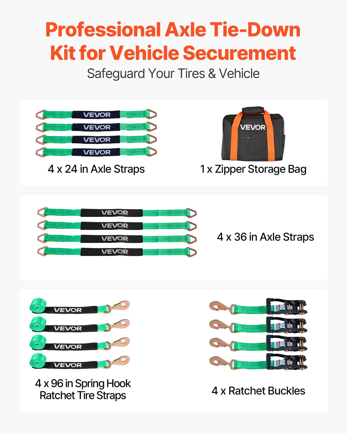 VEVOR Wheel Chock Mounting Kit, Axle Type Trailer Tie-Down Straps, Vehicle Securing System with Spring Hooks, Working Load 1512 kg, Breaking Strength 4540 kg, Suitable for ATV, UTV and Trailers