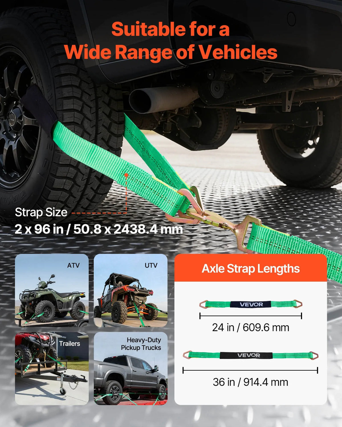 VEVOR Wheel Chock Mounting Kit, Axle Type Trailer Tie-Down Straps, Vehicle Securing System with Spring Hooks, Working Load 1512 kg, Breaking Strength 4540 kg, Suitable for ATV, UTV and Trailers