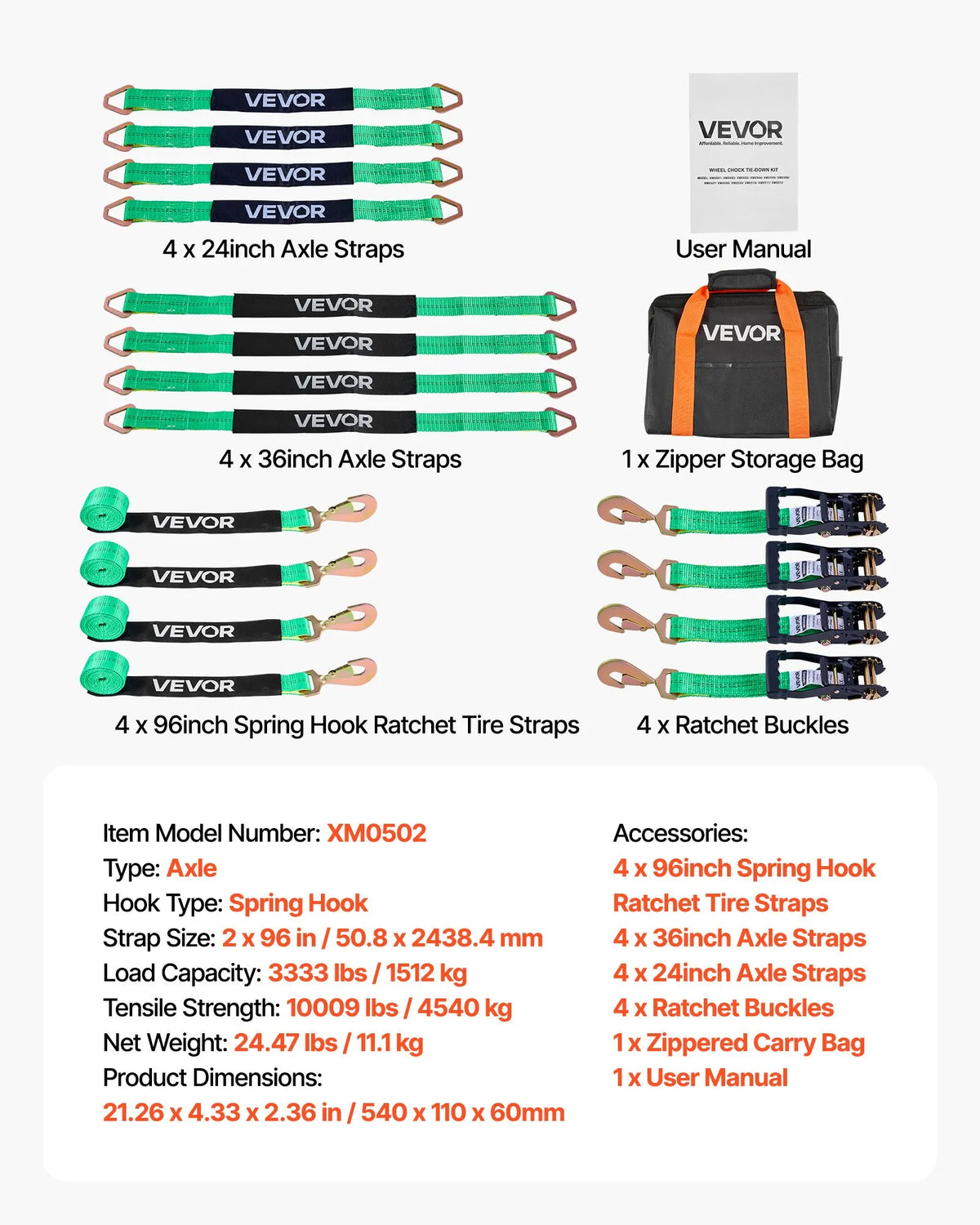 VEVOR Wheel Chock Mounting Kit, Axle Type Trailer Tie-Down Straps, Vehicle Securing System with Spring Hooks, Working Load 1512 kg, Breaking Strength 4540 kg, Suitable for ATV, UTV and Trailers