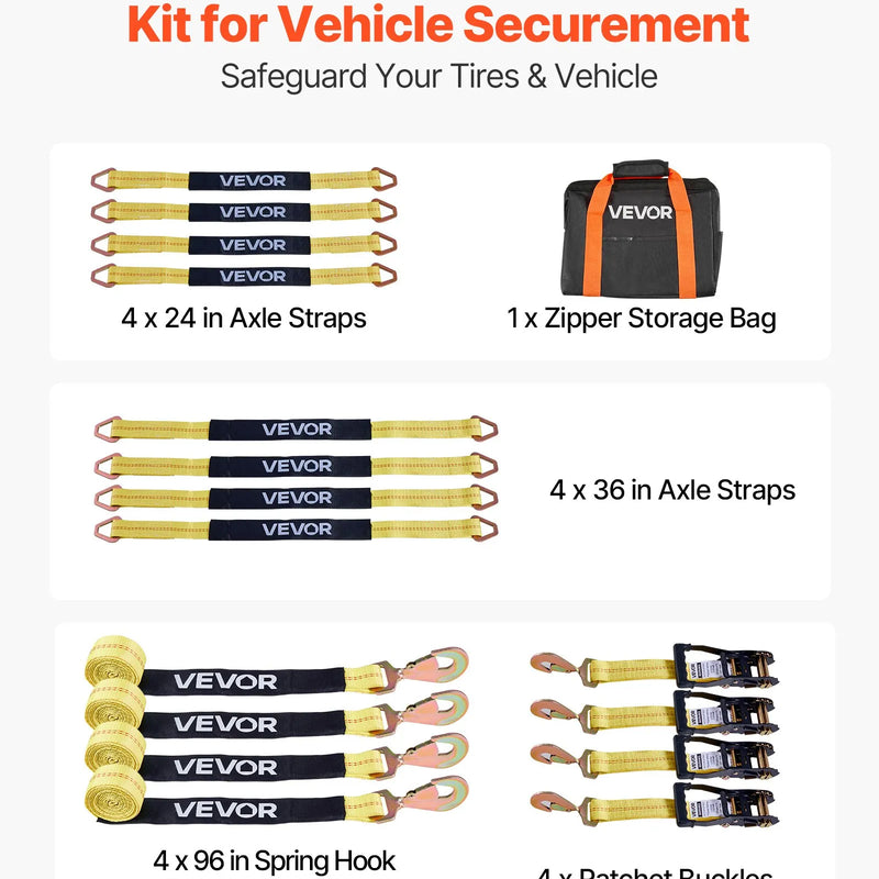 VEVOR riteņa balsta tipa nostiprināšanas komplekts, ass tipa piekabes nostiprināšanas siksnas ar sprūdrata mehānismu, pārrāvuma slodze 4540 kg, darba slodze 1512 kg, piemērots ATV, UTV un smagajiem pikapiem