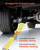 VEVOR riteņa balsta tipa nostiprināšanas komplekts, ass tipa piekabes nostiprināšanas siksnas ar sprūdrata mehānismu, pārrāvuma slodze 4540 kg, darba slodze 1512 kg, piemērots ATV, UTV un smagajiem pikapiem