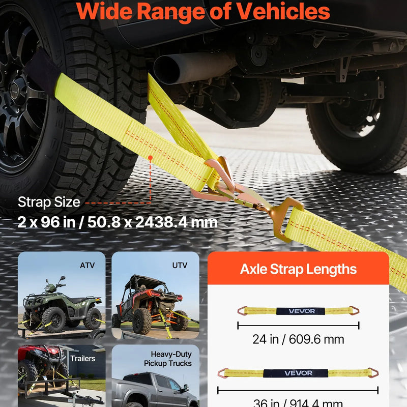 VEVOR riteņa balsta tipa nostiprināšanas komplekts, ass tipa piekabes nostiprināšanas siksnas ar sprūdrata mehānismu, pārrāvuma slodze 4540 kg, darba slodze 1512 kg, piemērots ATV, UTV un smagajiem pikapiem