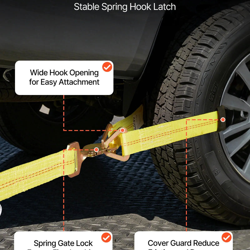 VEVOR riteņa balsta tipa nostiprināšanas komplekts, ass tipa piekabes nostiprināšanas siksnas ar sprūdrata mehānismu, pārrāvuma slodze 4540 kg, darba slodze 1512 kg, piemērots ATV, UTV un smagajiem pikapiem
