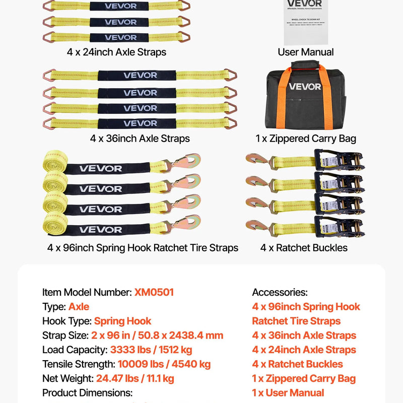 VEVOR riteņa balsta tipa nostiprināšanas komplekts, ass tipa piekabes nostiprināšanas siksnas ar sprūdrata mehānismu, pārrāvuma slodze 4540 kg, darba slodze 1512 kg, piemērots ATV, UTV un smagajiem pikapiem