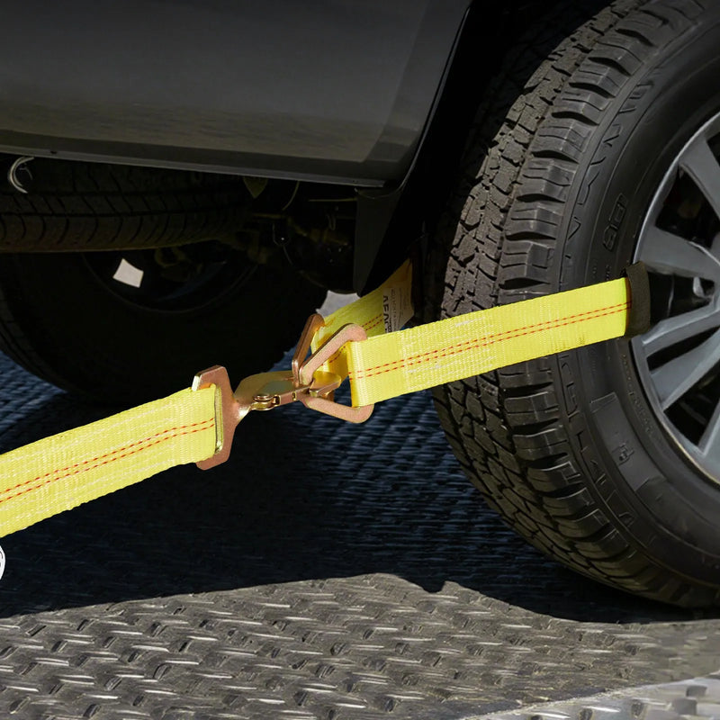 VEVOR riteņa balsta tipa nostiprināšanas komplekts, ass tipa piekabes nostiprināšanas siksnas ar sprūdrata mehānismu, pārrāvuma slodze 4540 kg, darba slodze 1512 kg, piemērots ATV, UTV un smagajiem pikapiem