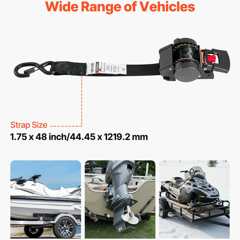 VEVOR riteņa fiksācijas nostiprināšanas komplekts, fiksēta tipa piekabes nostiprināšanas siksnas ar S veida āķiem, pārrāvuma slodze 748 kg, darba slodze 250 kg, piemērots motocikliem, laivām, sniega motocikliem un piekabēm