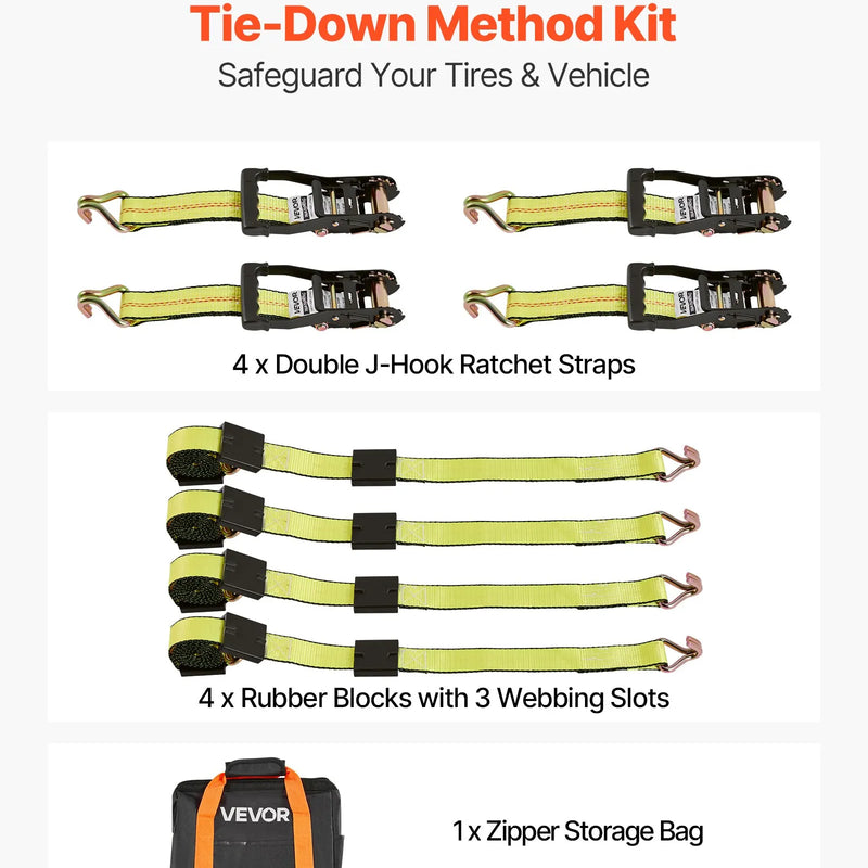VEVOR riteņa balsta tipa nostiprināšanas komplekts, platformas tipa piekabes nostiprināšanas siksnas ar J veida āķiem, pārrāvuma slodze 4540 kg, darba slodze 1512 kg, piemērots SUV, kravas automobiļiem un piekabēm
