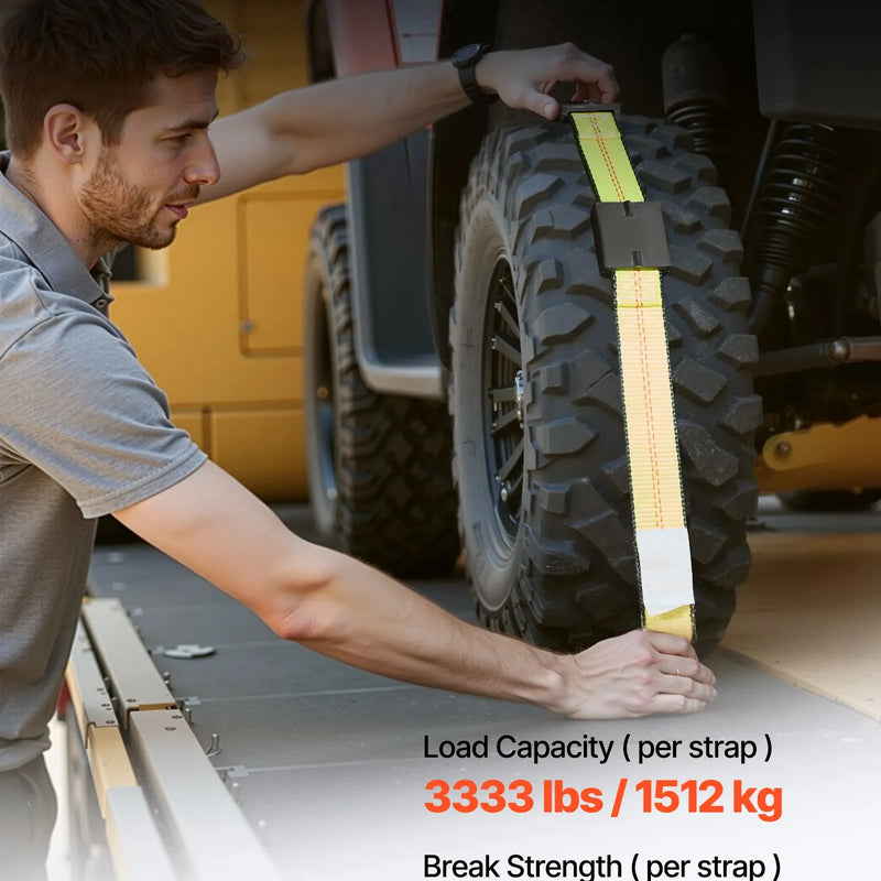 VEVOR riteņa balsta tipa nostiprināšanas komplekts, platformas tipa piekabes nostiprināšanas siksnas ar J veida āķiem, pārrāvuma slodze 4540 kg, darba slodze 1512 kg, piemērots SUV, kravas automobiļiem un piekabēm