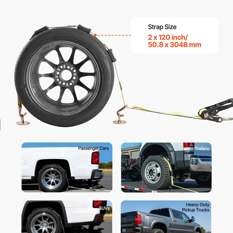 VEVOR riteņa balsta tipa nostiprināšanas komplekts, platformas tipa piekabes nostiprināšanas siksnas ar J veida āķiem, pārrāvuma slodze 4540 kg, darba slodze 1512 kg, piemērots SUV, kravas automobiļiem un piekabēm