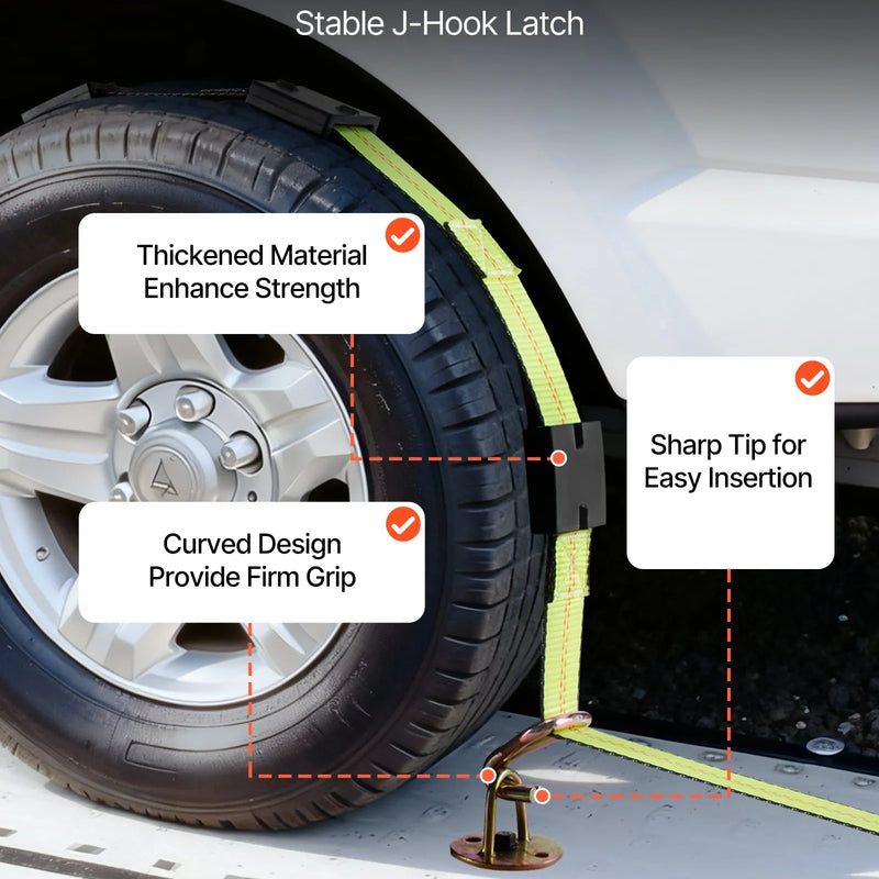 VEVOR riteņa balsta tipa nostiprināšanas komplekts, platformas tipa piekabes nostiprināšanas siksnas ar J veida āķiem, pārrāvuma slodze 4540 kg, darba slodze 1512 kg, piemērots SUV, kravas automobiļiem un piekabēm