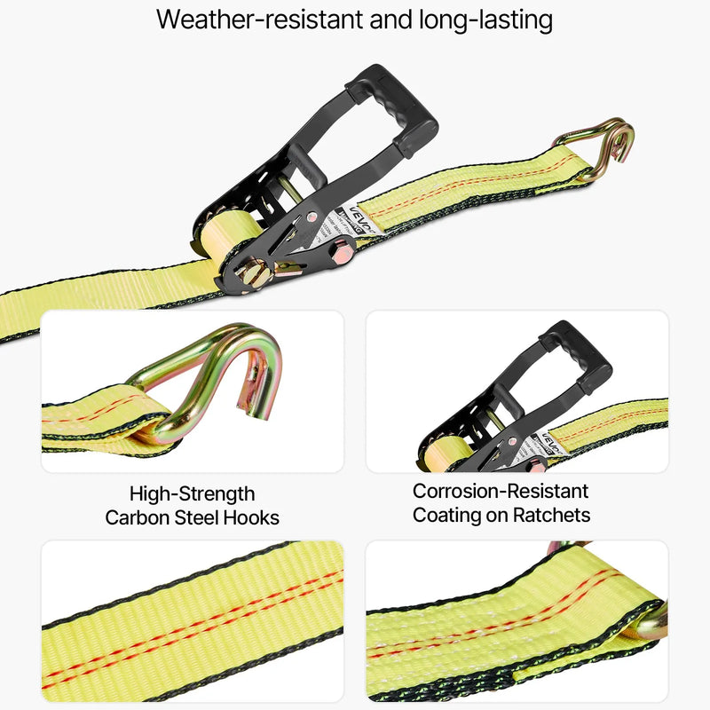 VEVOR riteņa balsta tipa nostiprināšanas komplekts, platformas tipa piekabes nostiprināšanas siksnas ar J veida āķiem, pārrāvuma slodze 4540 kg, darba slodze 1512 kg, piemērots SUV, kravas automobiļiem un piekabēm