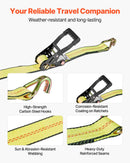 VEVOR riteņa balsta tipa nostiprināšanas komplekts, platformas tipa piekabes nostiprināšanas siksnas ar J veida āķiem, pārrāvuma slodze 4540 kg, darba slodze 1512 kg, piemērots SUV, kravas automobiļiem un piekabēm