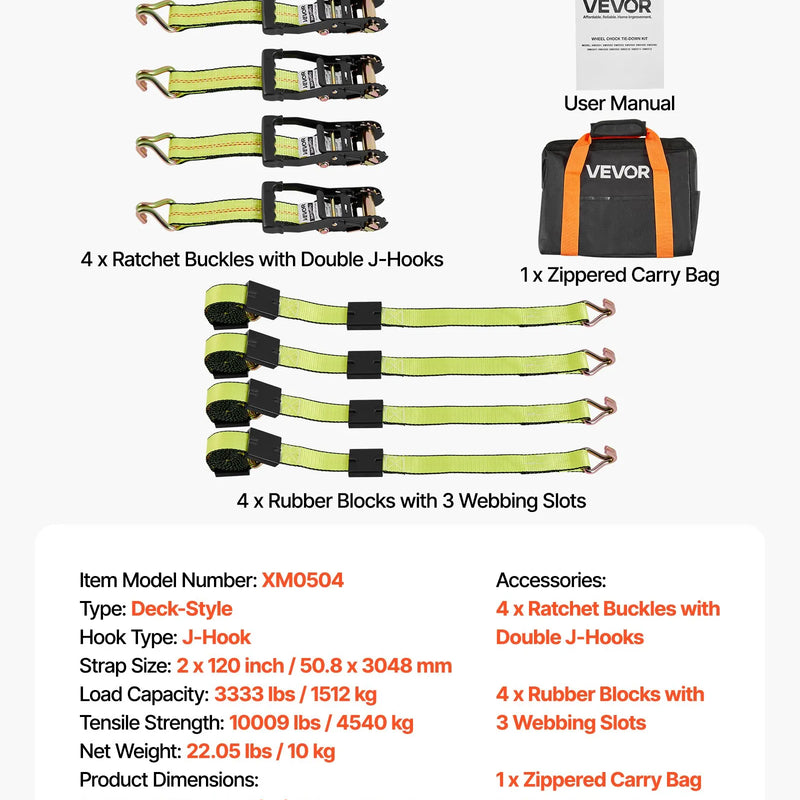 VEVOR riteņa balsta tipa nostiprināšanas komplekts, platformas tipa piekabes nostiprināšanas siksnas ar J veida āķiem, pārrāvuma slodze 4540 kg, darba slodze 1512 kg, piemērots SUV, kravas automobiļiem un piekabēm