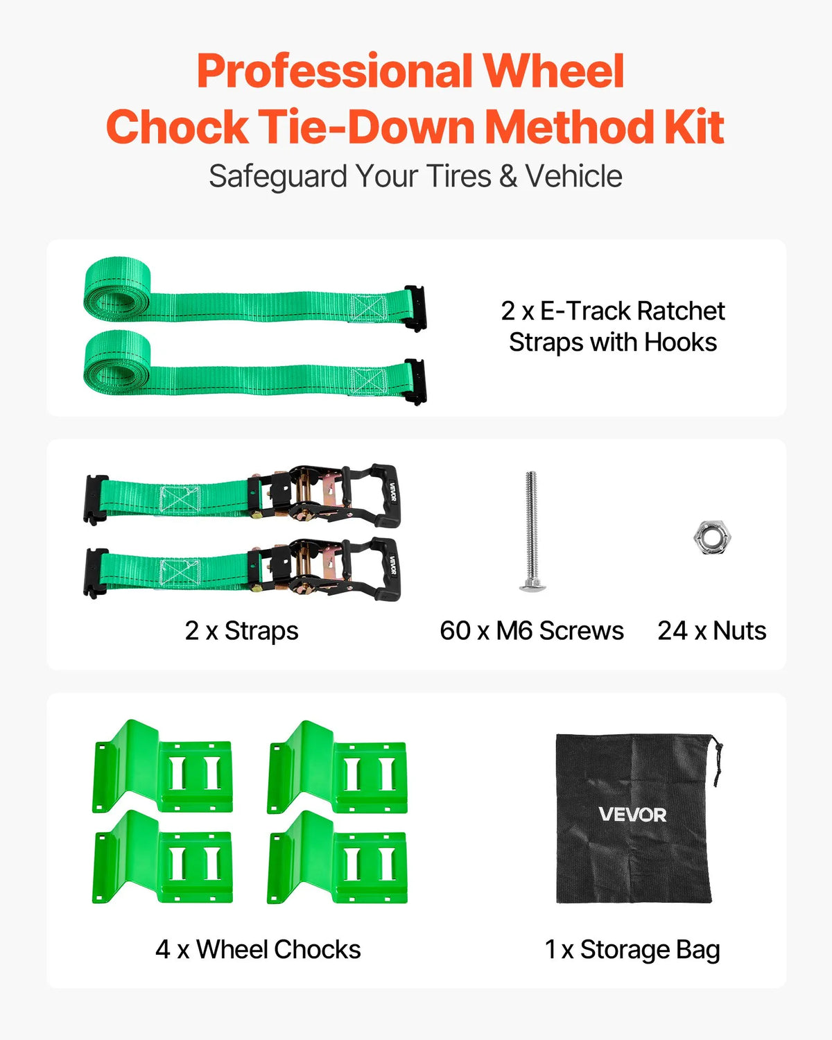 VEVOR Wheel Chock and Securing Kit, Trailer Tie-Down Straps with Ratchet, Breaking Strength 1986.7 kg, Working Load 662 kg, Suitable for Motorcycles, ATVs, UTVs and Trailers
