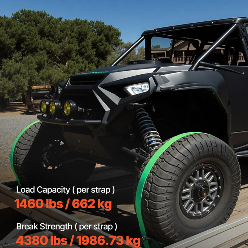 VEVOR riteņa fiksācijas un nostiprināšanas komplekts, balsta tipa piekabes nostiprināšanas siksnas ar sprādzi, pārrāvuma slodze 1986,7 kg, darba slodze 662 kg, piemērots motocikliem, ATV, UTV un piekabēm