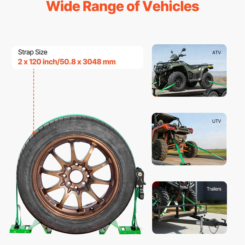 VEVOR riteņa fiksācijas un nostiprināšanas komplekts, balsta tipa piekabes nostiprināšanas siksnas ar sprādzi, pārrāvuma slodze 1986,7 kg, darba slodze 662 kg, piemērots motocikliem, ATV, UTV un piekabēm