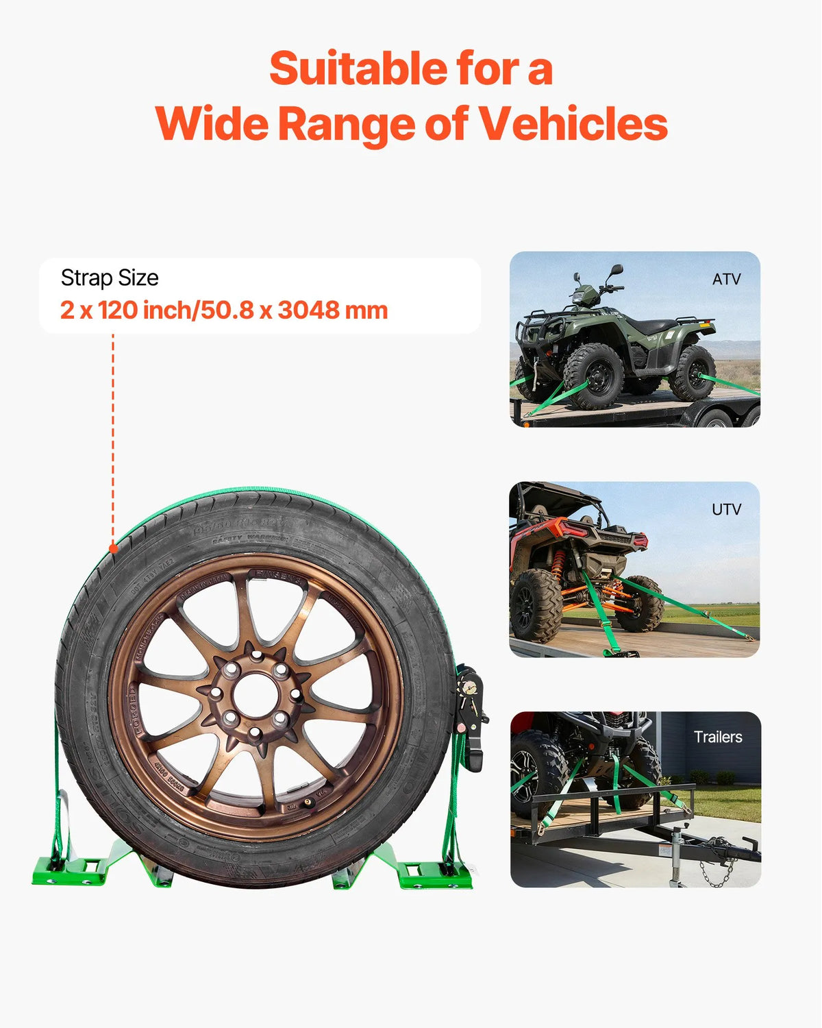 VEVOR Wheel Chock and Securing Kit, Trailer Tie-Down Straps with Ratchet, Breaking Strength 1986.7 kg, Working Load 662 kg, Suitable for Motorcycles, ATVs, UTVs and Trailers