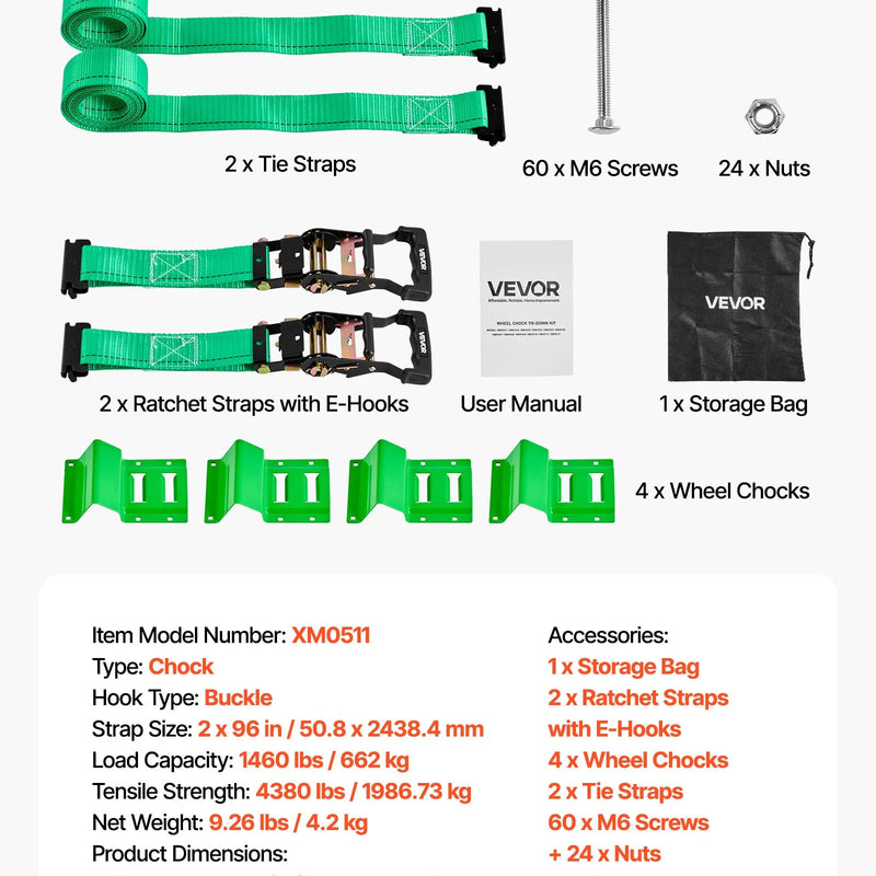 VEVOR riteņa fiksācijas un nostiprināšanas komplekts, balsta tipa piekabes nostiprināšanas siksnas ar sprādzi, pārrāvuma slodze 1986,7 kg, darba slodze 662 kg, piemērots motocikliem, ATV, UTV un piekabēm