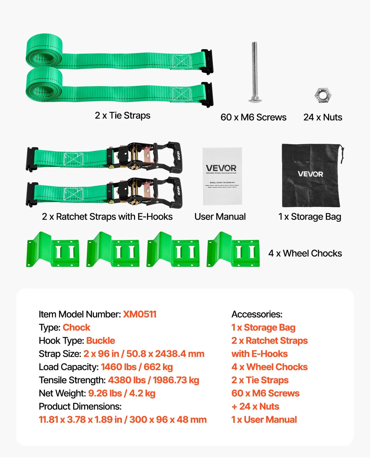 VEVOR Wheel Chock and Securing Kit, Trailer Tie-Down Straps with Ratchet, Breaking Strength 1986.7 kg, Working Load 662 kg, Suitable for Motorcycles, ATVs, UTVs and Trailers