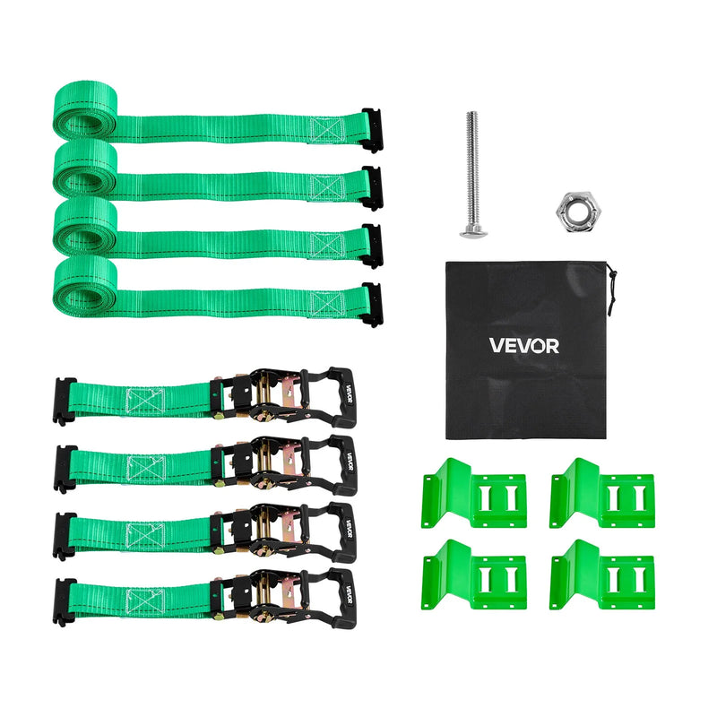 VEVOR riteņa balsta tipa nostiprināšanas komplekts, piekabes nostiprināšanas siksnas ar sprādzi un E tipa āķiem, pārrāvuma slodze 1986,7 kg, darba slodze 662 kg, piemērots motocikliem, ATV un UTV transportlīdzekļiem