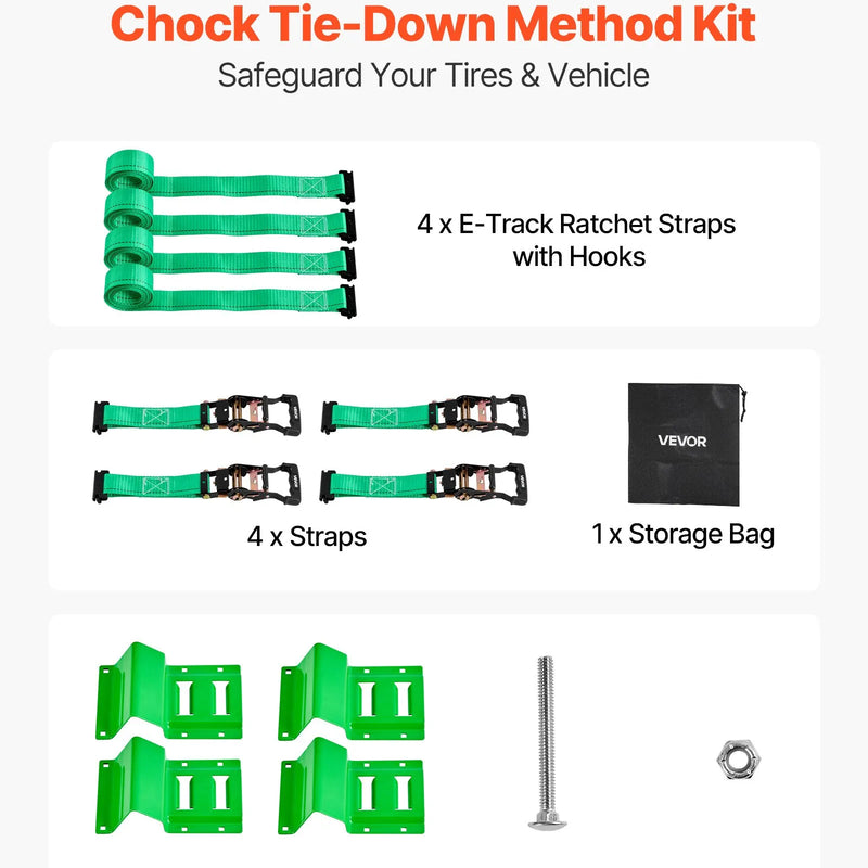 VEVOR riteņa balsta tipa nostiprināšanas komplekts, piekabes nostiprināšanas siksnas ar sprādzi un E tipa āķiem, pārrāvuma slodze 1986,7 kg, darba slodze 662 kg, piemērots motocikliem, ATV un UTV transportlīdzekļiem