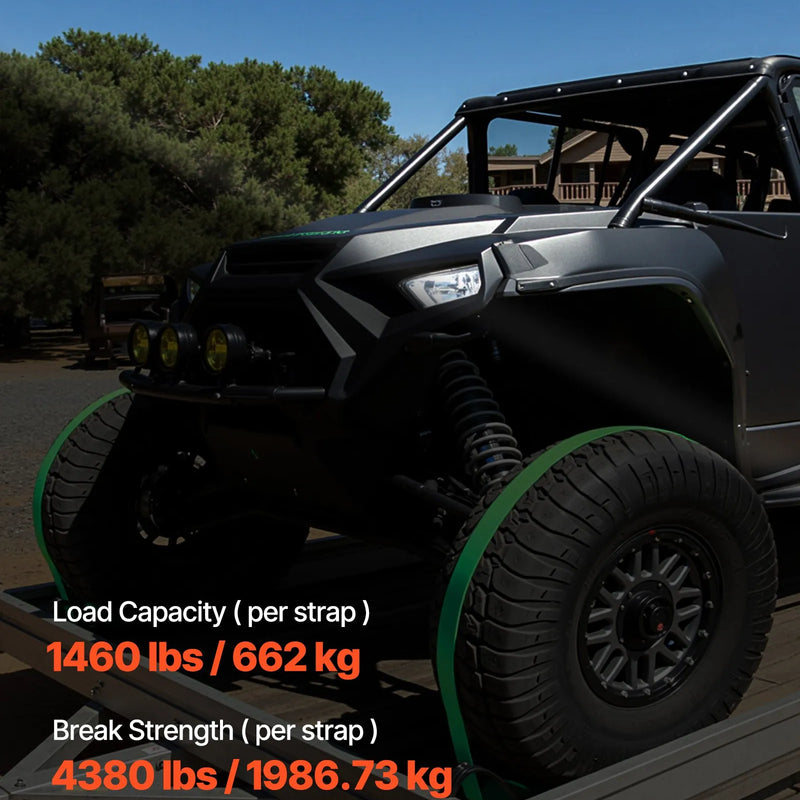 VEVOR riteņa balsta tipa nostiprināšanas komplekts, piekabes nostiprināšanas siksnas ar sprādzi un E tipa āķiem, pārrāvuma slodze 1986,7 kg, darba slodze 662 kg, piemērots motocikliem, ATV un UTV transportlīdzekļiem