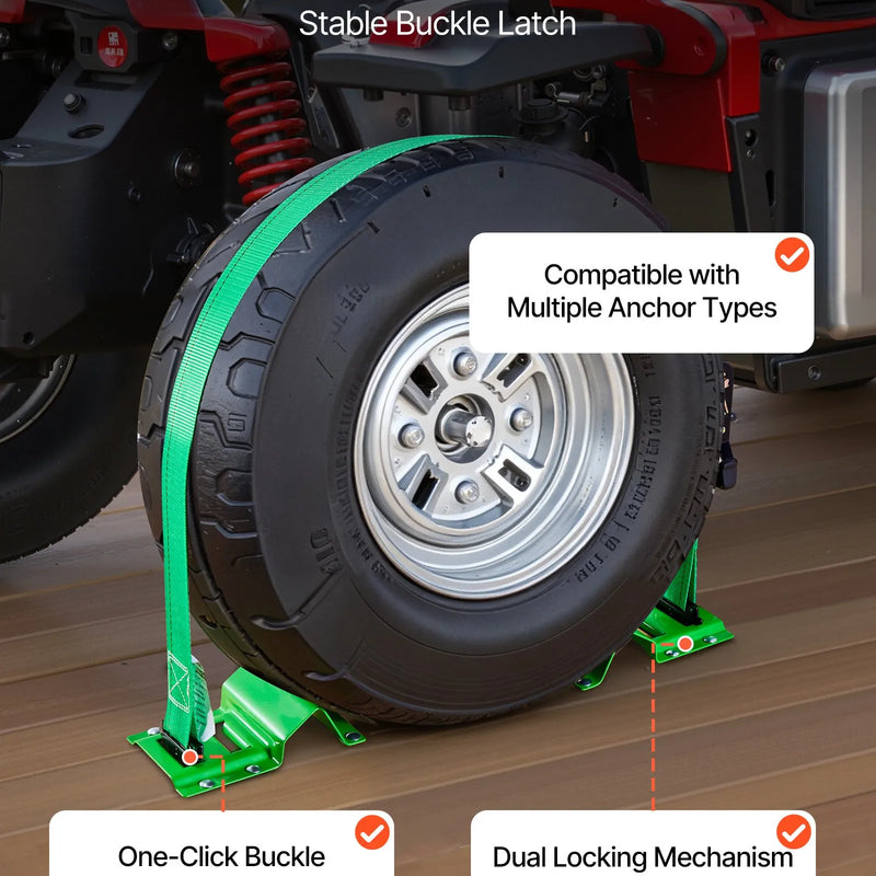 VEVOR riteņa balsta tipa nostiprināšanas komplekts, piekabes nostiprināšanas siksnas ar sprādzi un E tipa āķiem, pārrāvuma slodze 1986,7 kg, darba slodze 662 kg, piemērots motocikliem, ATV un UTV transportlīdzekļiem