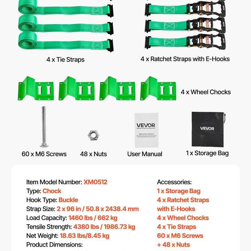 VEVOR riteņa balsta tipa nostiprināšanas komplekts, piekabes nostiprināšanas siksnas ar sprādzi un E tipa āķiem, pārrāvuma slodze 1986,7 kg, darba slodze 662 kg, piemērots motocikliem, ATV un UTV transportlīdzekļiem