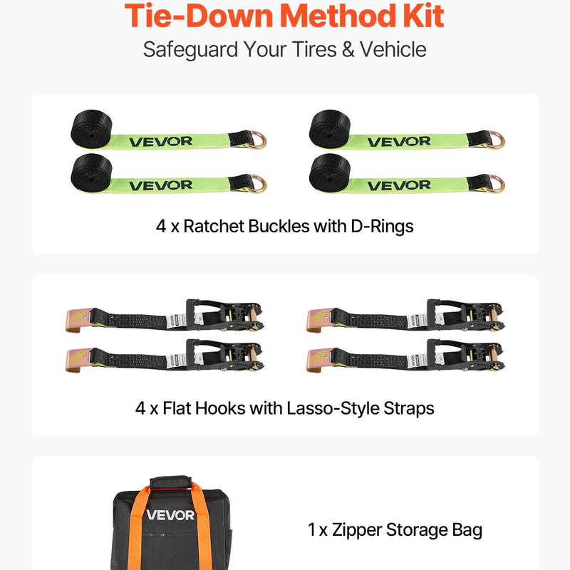 VEVOR riteņu fiksatora nostiprināšanas komplekts, riepu tipa nostiprināšanas siksna piekabēm, transportlīdzekļu nostiprināšanas sistēma ar plakaniem āķiem, darba slodze 1512 kg, pārrāvuma izturība 4540 kg, paredzēta ATV, SUV, motocikliem un piekabēm