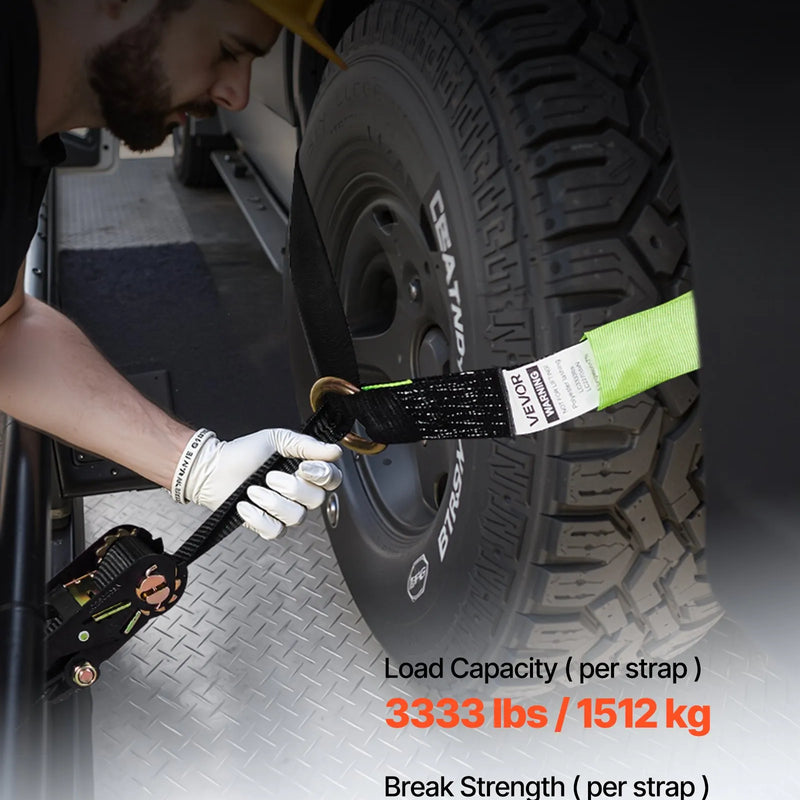 VEVOR riteņu fiksatora nostiprināšanas komplekts, riepu tipa nostiprināšanas siksna piekabēm, transportlīdzekļu nostiprināšanas sistēma ar plakaniem āķiem, darba slodze 1512 kg, pārrāvuma izturība 4540 kg, paredzēta ATV, SUV, motocikliem un piekabēm