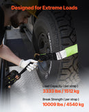 VEVOR riteņu fiksatora nostiprināšanas komplekts, riepu tipa nostiprināšanas siksna piekabēm, transportlīdzekļu nostiprināšanas sistēma ar plakaniem āķiem, darba slodze 1512 kg, pārrāvuma izturība 4540 kg, paredzēta ATV, SUV, motocikliem un piekabēm