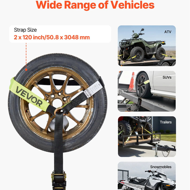 VEVOR riteņu fiksatora nostiprināšanas komplekts, riepu tipa nostiprināšanas siksna piekabēm, transportlīdzekļu nostiprināšanas sistēma ar plakaniem āķiem, darba slodze 1512 kg, pārrāvuma izturība 4540 kg, paredzēta ATV, SUV, motocikliem un piekabēm