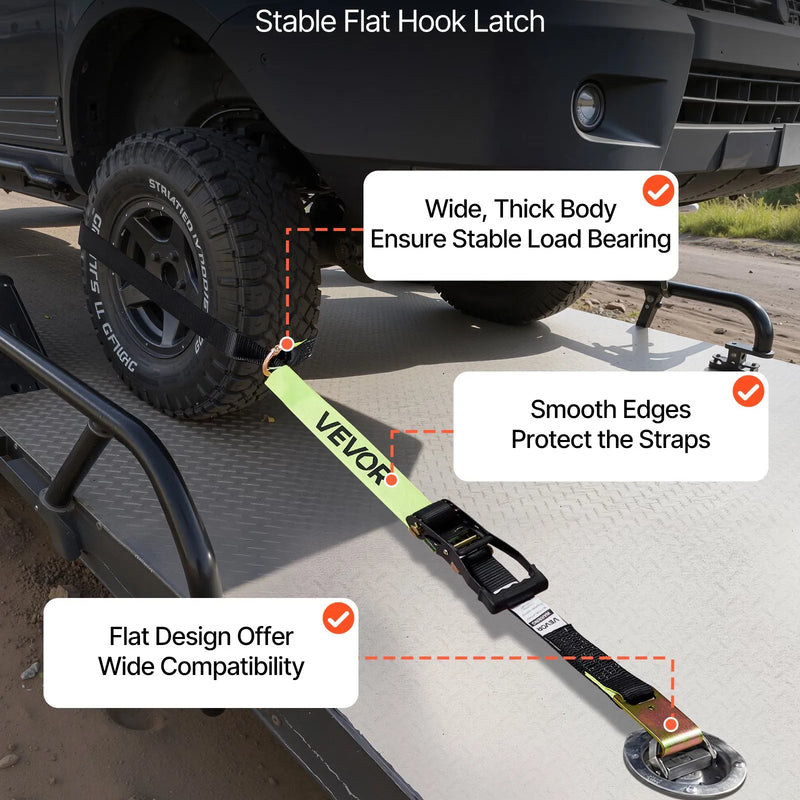 VEVOR riteņu fiksatora nostiprināšanas komplekts, riepu tipa nostiprināšanas siksna piekabēm, transportlīdzekļu nostiprināšanas sistēma ar plakaniem āķiem, darba slodze 1512 kg, pārrāvuma izturība 4540 kg, paredzēta ATV, SUV, motocikliem un piekabēm