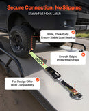 VEVOR riteņu fiksatora nostiprināšanas komplekts, riepu tipa nostiprināšanas siksna piekabēm, transportlīdzekļu nostiprināšanas sistēma ar plakaniem āķiem, darba slodze 1512 kg, pārrāvuma izturība 4540 kg, paredzēta ATV, SUV, motocikliem un piekabēm