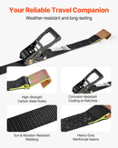 VEVOR riteņu fiksatora nostiprināšanas komplekts, riepu tipa nostiprināšanas siksna piekabēm, transportlīdzekļu nostiprināšanas sistēma ar plakaniem āķiem, darba slodze 1512 kg, pārrāvuma izturība 4540 kg, paredzēta ATV, SUV, motocikliem un piekabēm