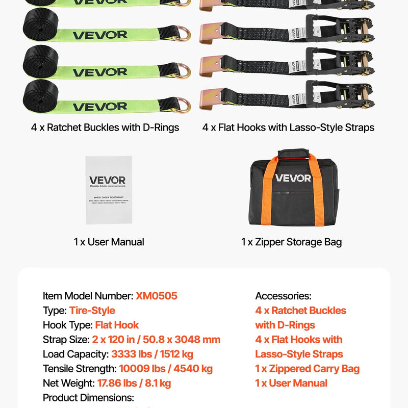 VEVOR riteņu fiksatora nostiprināšanas komplekts, riepu tipa nostiprināšanas siksna piekabēm, transportlīdzekļu nostiprināšanas sistēma ar plakaniem āķiem, darba slodze 1512 kg, pārrāvuma izturība 4540 kg, paredzēta ATV, SUV, motocikliem un piekabēm