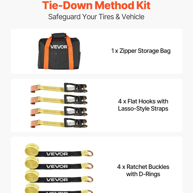 VEVOR riteņu fiksatora nostiprināšanas komplekts, riepu tipa motociklu nostiprināšanas sistēma, transportlīdzekļu nostiprināšanas siksnas ar plakaniem āķiem, darba slodze 1512 kg, pārrāvuma izturība 4540 kg, paredzēta ATV, SUV un piekabēm