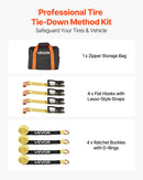 VEVOR riteņu fiksatora nostiprināšanas komplekts, riepu tipa motociklu nostiprināšanas sistēma, transportlīdzekļu nostiprināšanas siksnas ar plakaniem āķiem, darba slodze 1512 kg, pārrāvuma izturība 4540 kg, paredzēta ATV, SUV un piekabēm