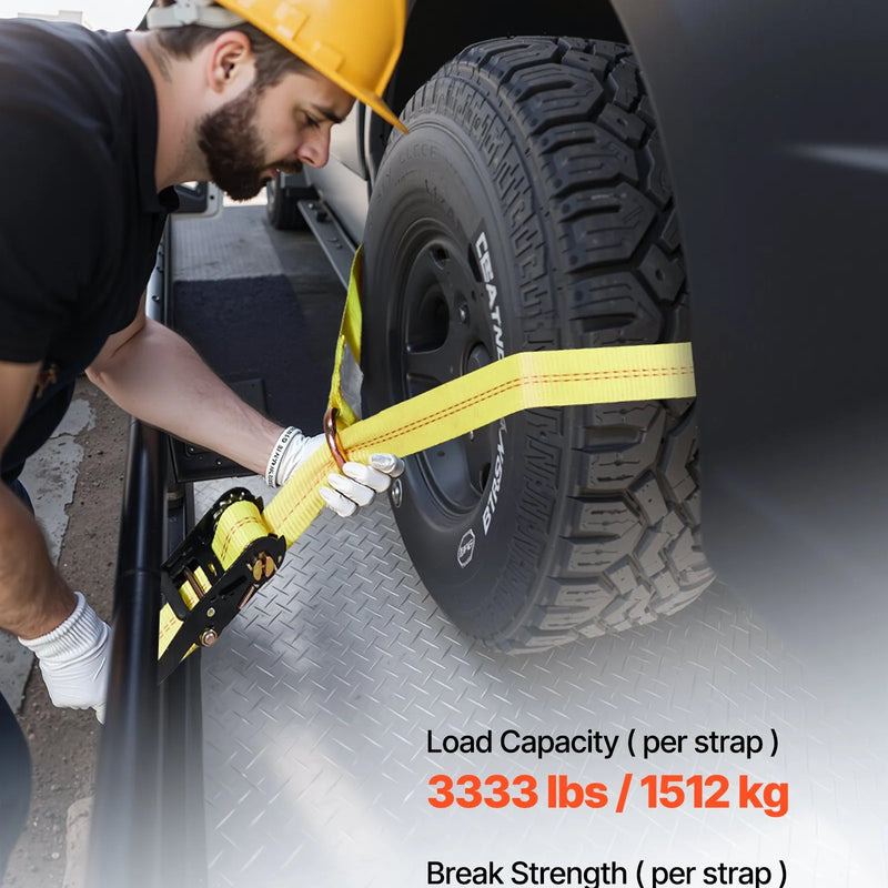 VEVOR riteņu fiksatora nostiprināšanas komplekts, riepu tipa motociklu nostiprināšanas sistēma, transportlīdzekļu nostiprināšanas siksnas ar plakaniem āķiem, darba slodze 1512 kg, pārrāvuma izturība 4540 kg, paredzēta ATV, SUV un piekabēm
