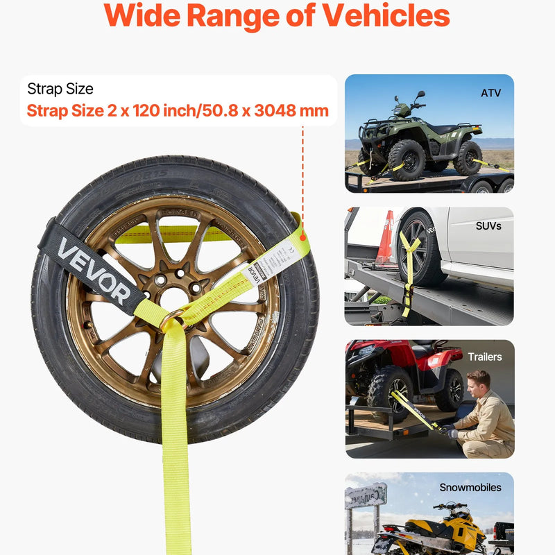 VEVOR riteņu fiksatora nostiprināšanas komplekts, riepu tipa motociklu nostiprināšanas sistēma, transportlīdzekļu nostiprināšanas siksnas ar plakaniem āķiem, darba slodze 1512 kg, pārrāvuma izturība 4540 kg, paredzēta ATV, SUV un piekabēm