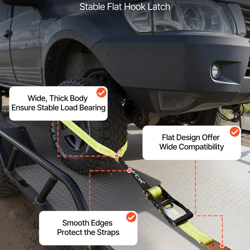 VEVOR riteņu fiksatora nostiprināšanas komplekts, riepu tipa motociklu nostiprināšanas sistēma, transportlīdzekļu nostiprināšanas siksnas ar plakaniem āķiem, darba slodze 1512 kg, pārrāvuma izturība 4540 kg, paredzēta ATV, SUV un piekabēm