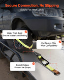 VEVOR riteņu fiksatora nostiprināšanas komplekts, riepu tipa motociklu nostiprināšanas sistēma, transportlīdzekļu nostiprināšanas siksnas ar plakaniem āķiem, darba slodze 1512 kg, pārrāvuma izturība 4540 kg, paredzēta ATV, SUV un piekabēm