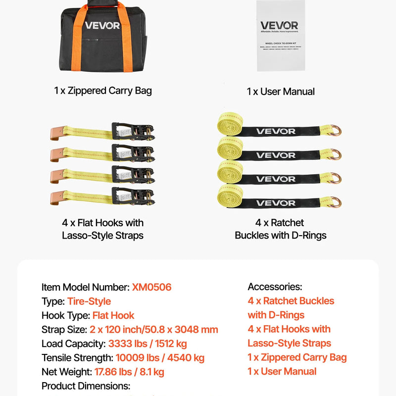 VEVOR riteņu fiksatora nostiprināšanas komplekts, riepu tipa motociklu nostiprināšanas sistēma, transportlīdzekļu nostiprināšanas siksnas ar plakaniem āķiem, darba slodze 1512 kg, pārrāvuma izturība 4540 kg, paredzēta ATV, SUV un piekabēm