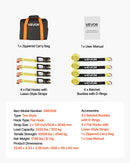 VEVOR riteņu fiksatora nostiprināšanas komplekts, riepu tipa motociklu nostiprināšanas sistēma, transportlīdzekļu nostiprināšanas siksnas ar plakaniem āķiem, darba slodze 1512 kg, pārrāvuma izturība 4540 kg, paredzēta ATV, SUV un piekabēm