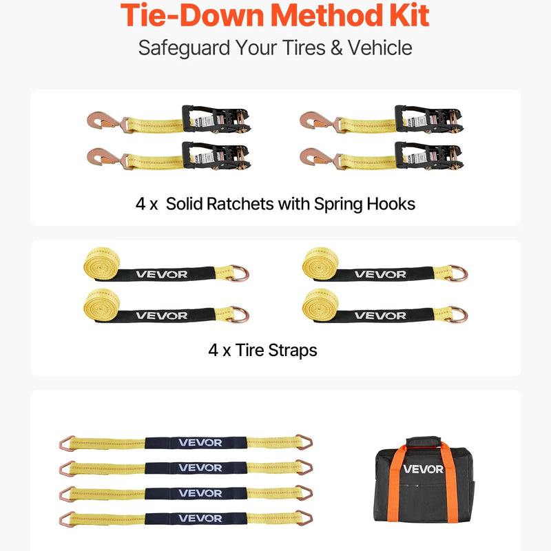 VEVOR riteņa fiksācijas un nostiprināšanas komplekts, riepas tipa piekabes nostiprināšanas siksnas ar atsperes tipa āķi, pārrāvuma slodze 4540 kg, darba slodze 1512 kg, piemērots motocikliem, ATV, SUV un piekabēm