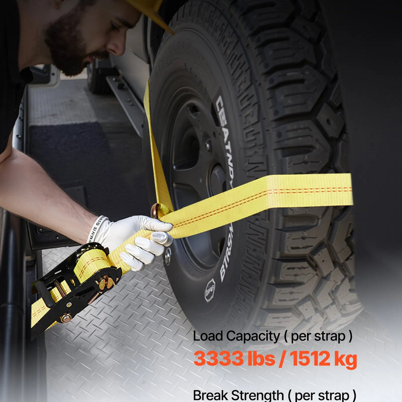 VEVOR riteņa fiksācijas un nostiprināšanas komplekts, riepas tipa piekabes nostiprināšanas siksnas ar atsperes tipa āķi, pārrāvuma slodze 4540 kg, darba slodze 1512 kg, piemērots motocikliem, ATV, SUV un piekabēm
