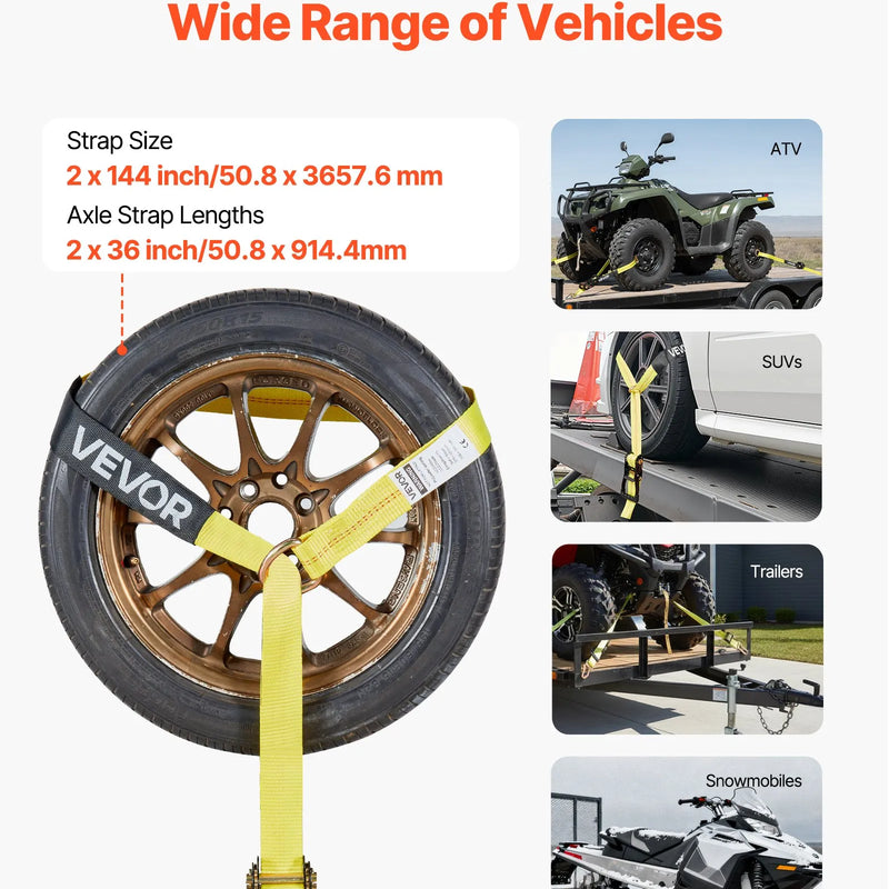 VEVOR riteņa fiksācijas un nostiprināšanas komplekts, riepas tipa piekabes nostiprināšanas siksnas ar atsperes tipa āķi, pārrāvuma slodze 4540 kg, darba slodze 1512 kg, piemērots motocikliem, ATV, SUV un piekabēm