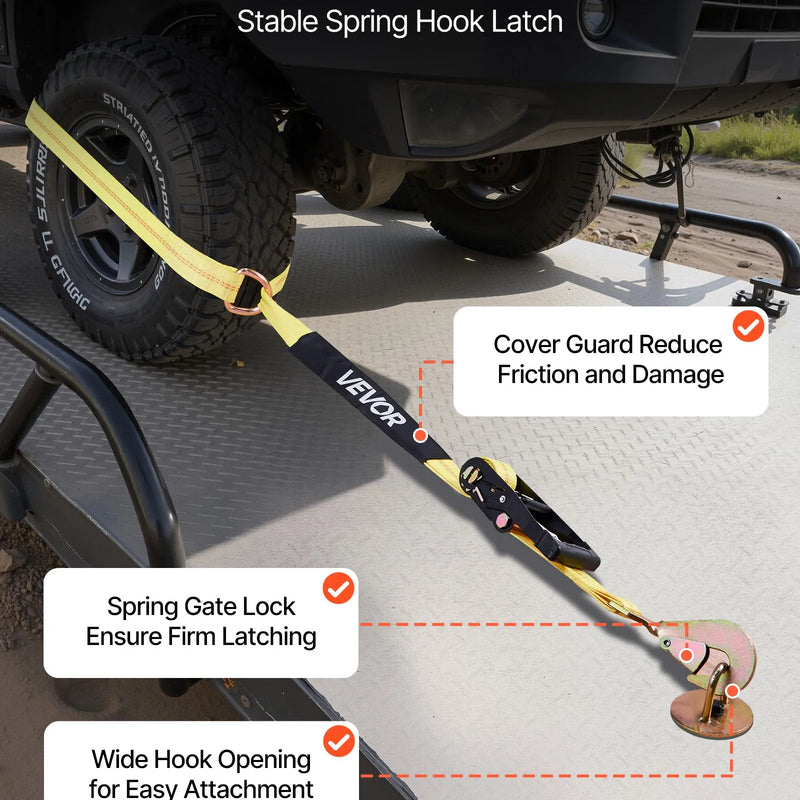 VEVOR riteņa fiksācijas un nostiprināšanas komplekts, riepas tipa piekabes nostiprināšanas siksnas ar atsperes tipa āķi, pārrāvuma slodze 4540 kg, darba slodze 1512 kg, piemērots motocikliem, ATV, SUV un piekabēm