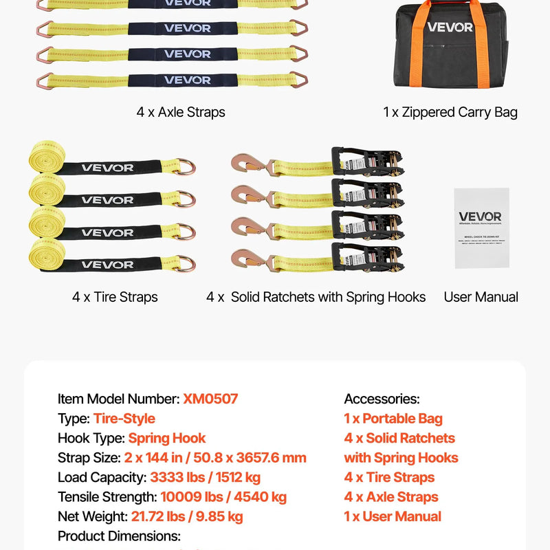 VEVOR riteņa fiksācijas un nostiprināšanas komplekts, riepas tipa piekabes nostiprināšanas siksnas ar atsperes tipa āķi, pārrāvuma slodze 4540 kg, darba slodze 1512 kg, piemērots motocikliem, ATV, SUV un piekabēm